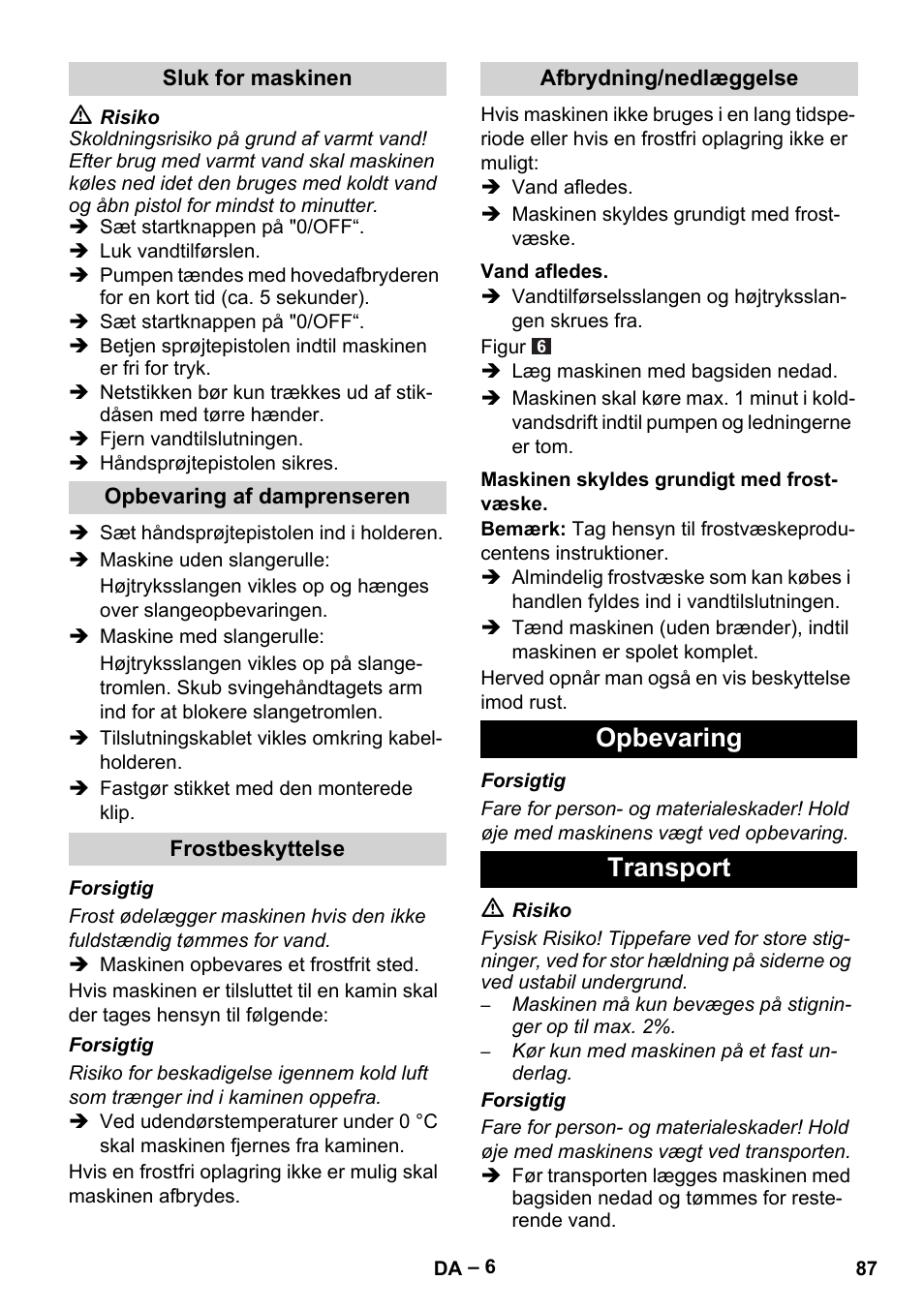 Opbevaring transport | Karcher HDS 5/11 U/UX User Manual | Page 87 / 296