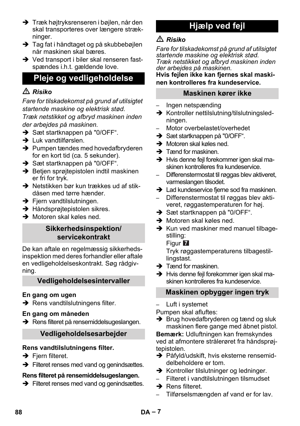 Pleje og vedligeholdelse, Hjælp ved fejl | Karcher HDS 5/11 U/UX User Manual | Page 88 / 296