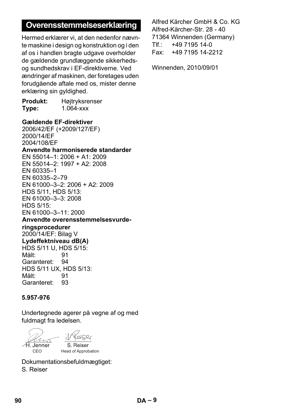 Overensstemmelseserklæring | Karcher HDS 5/11 U/UX User Manual | Page 90 / 296