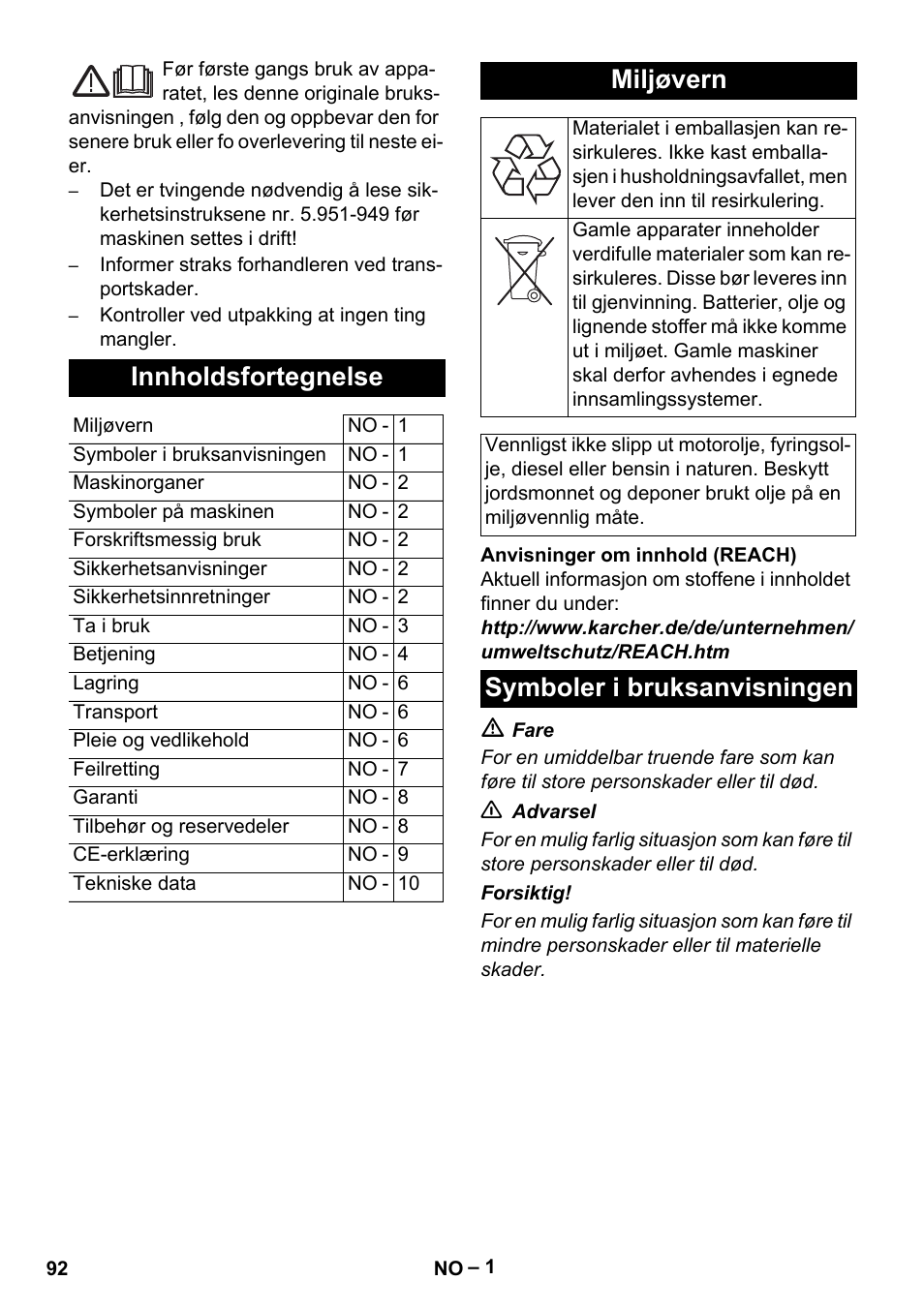 Norsk, Innholdsfortegnelse, Miljøvern | Symboler i bruksanvisningen | Karcher HDS 5/11 U/UX User Manual | Page 92 / 296