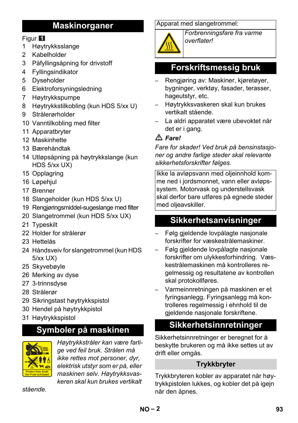 Maskinorganer symboler på maskinen, Forskriftsmessig bruk, Sikkerhetsanvisninger sikkerhetsinnretninger | Karcher HDS 5/11 U/UX User Manual | Page 93 / 296