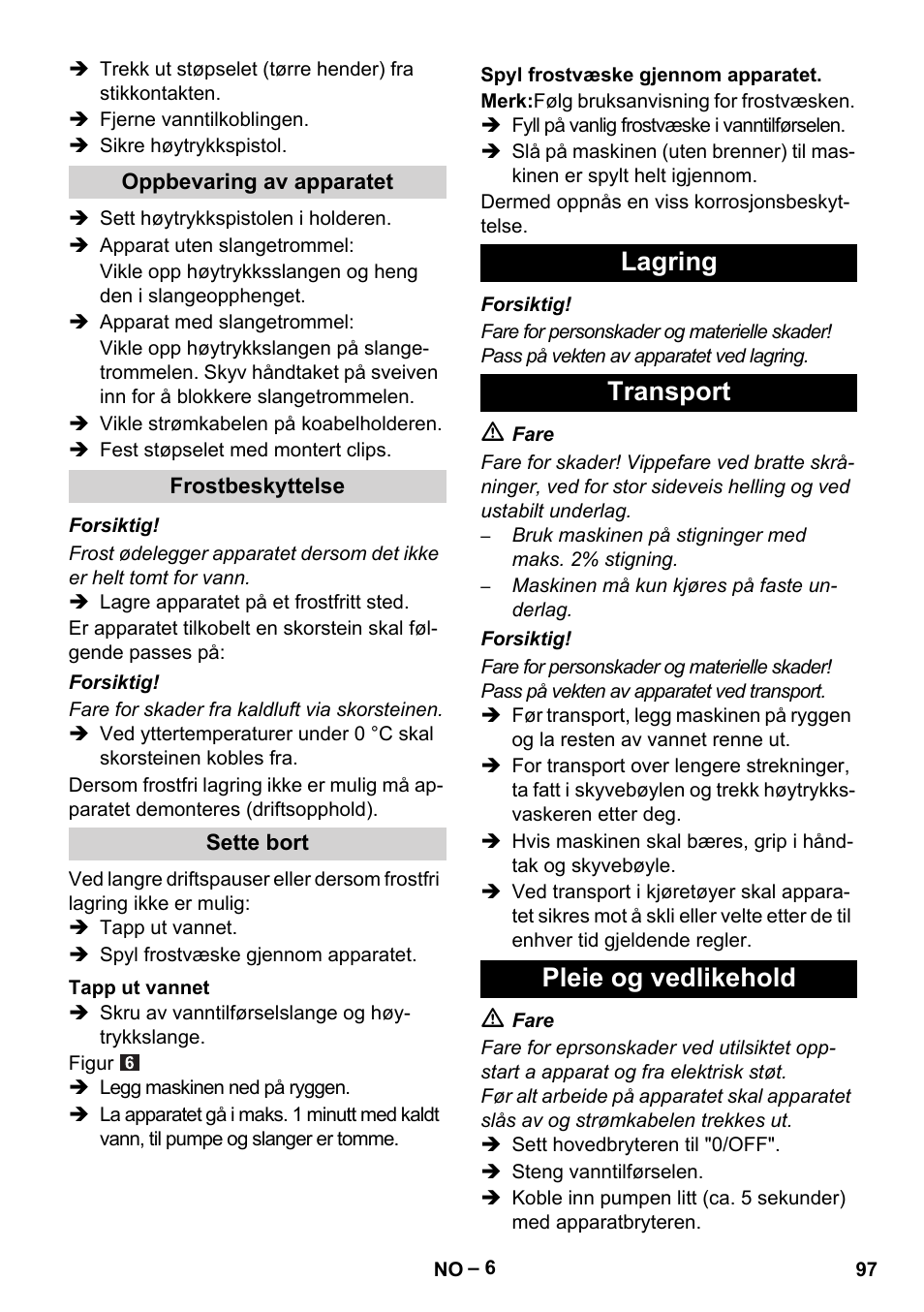 Lagring transport pleie og vedlikehold | Karcher HDS 5/11 U/UX User Manual | Page 97 / 296
