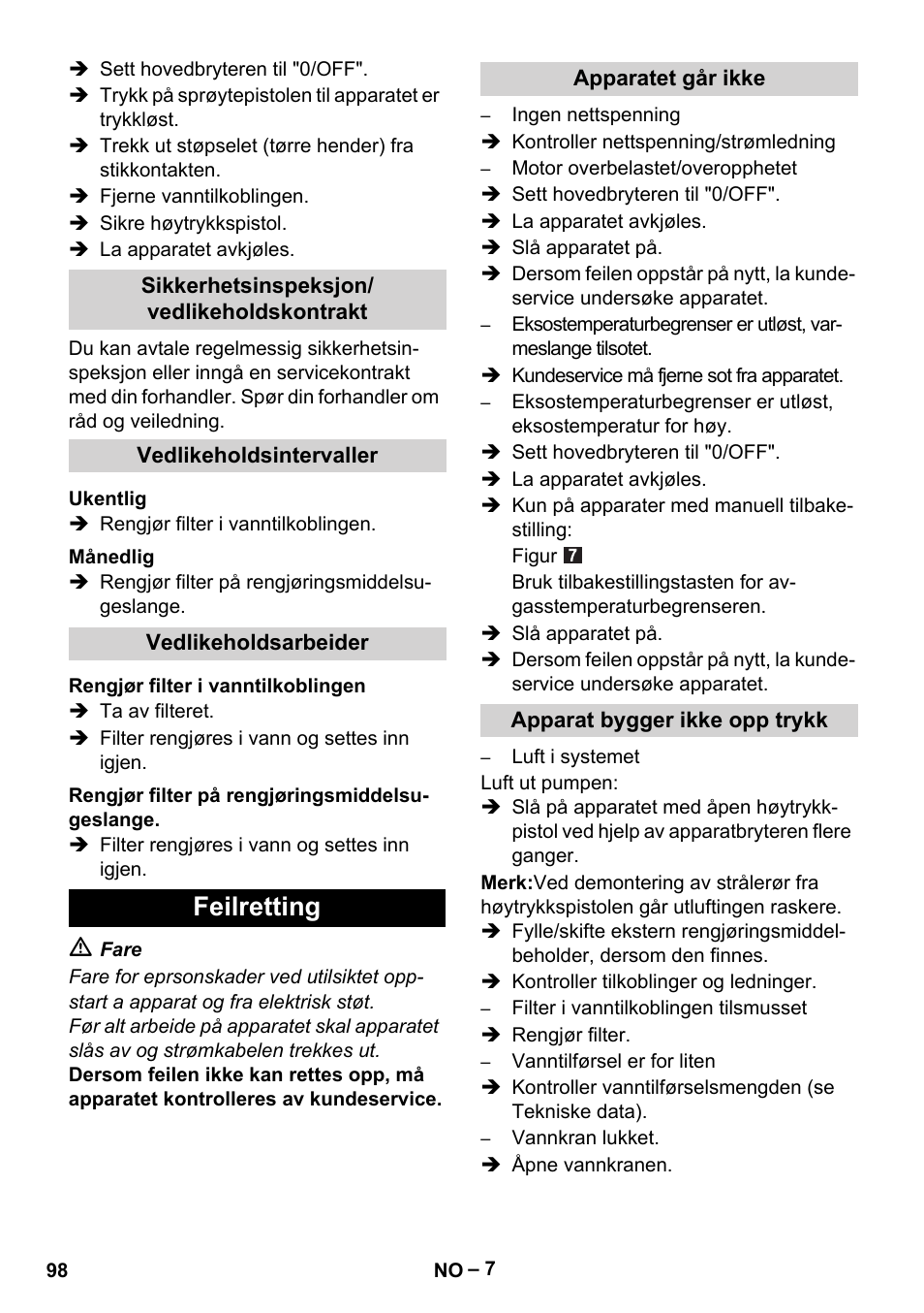 Feilretting | Karcher HDS 5/11 U/UX User Manual | Page 98 / 296