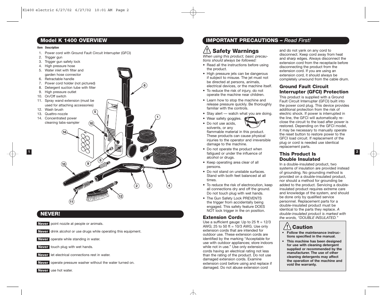 Safety warnings, Important precautions – read first, Caution | Never! model k 1400 overview | Karcher K 1400 User Manual | Page 2 / 7