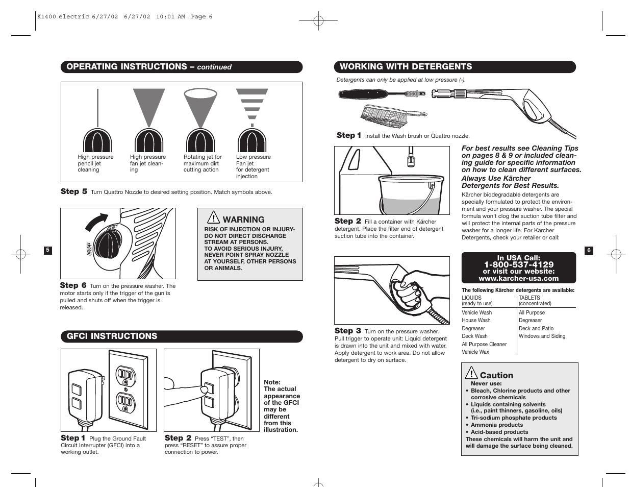 Working with detergents, Caution, Warning | Gfci instructions, Operating instructions | Karcher K 1400 User Manual | Page 4 / 7