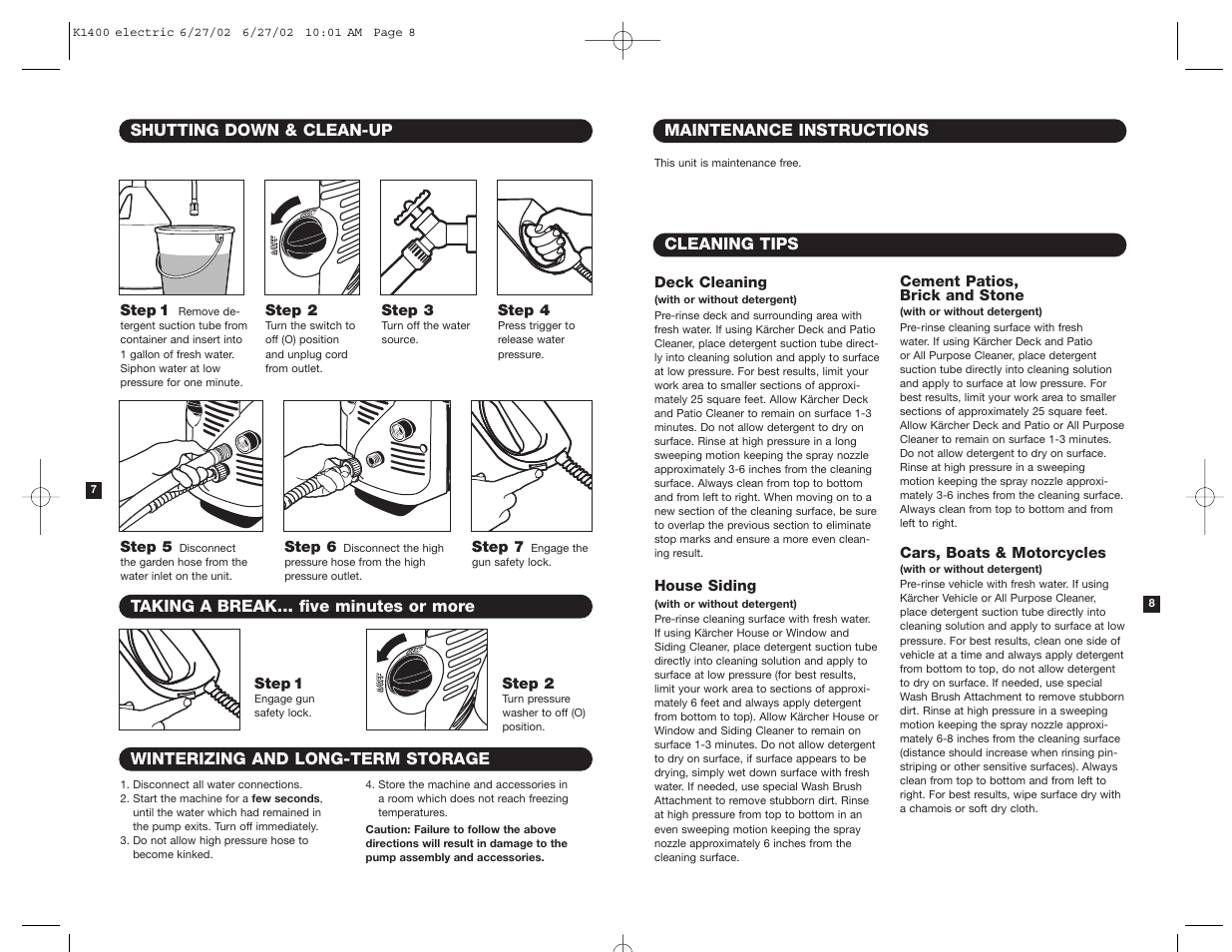 Cleaning tips, Shutting down & clean-up, Winterizing and long-term storage | Taking a break... five minutes or more, Maintenance instructions | Karcher K 1400 User Manual | Page 5 / 7