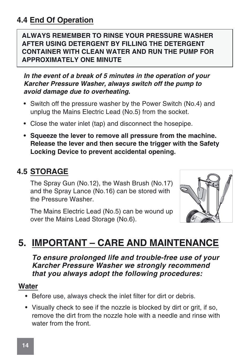 Important – care and maintenance, 4 end of operation, 5 storage | Karcher K 6.50 MB User Manual | Page 14 / 24