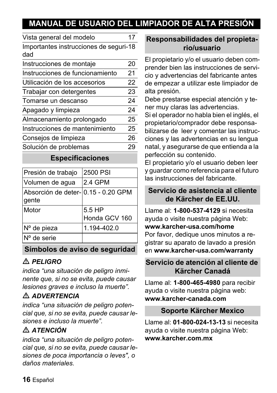 Manual de usuario del limpiador de alta presión | Karcher G 2500 VH User Manual | Page 16 / 46