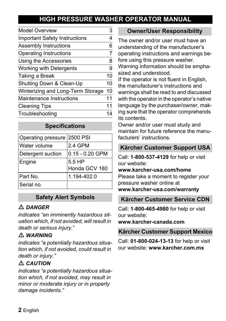 High pressure washer operator manual | Karcher G 2500 VH User Manual | Page 2 / 46