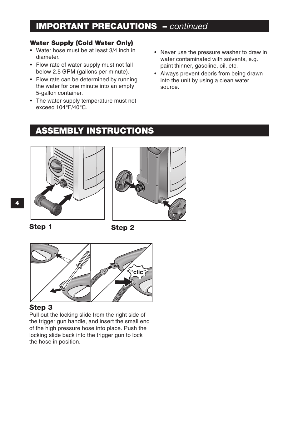 Assembly instructions, Important precautions – continued precautions | Karcher K 2.90 M User Manual | Page 4 / 12