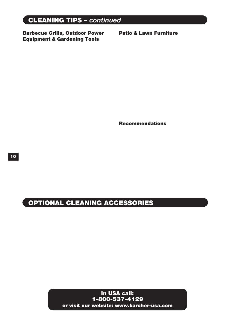 Cleaning tips – continued, Optional cleaning accessories | Karcher K 3.99 M User Manual | Page 10 / 12