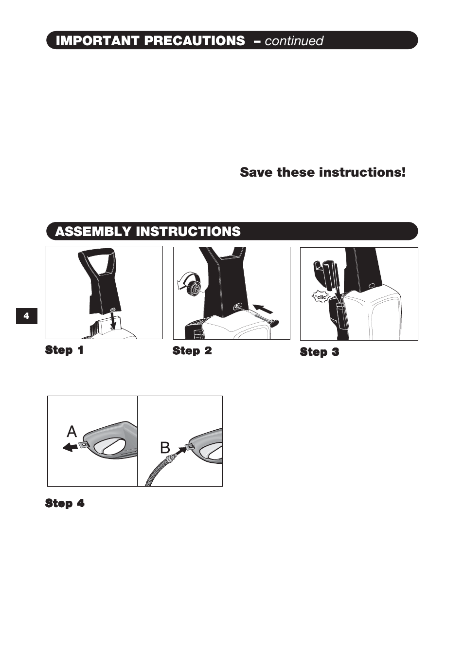 Important precautions – continued precautions, Save these instructions! assembly instructions | Karcher K 3.99 M User Manual | Page 4 / 12