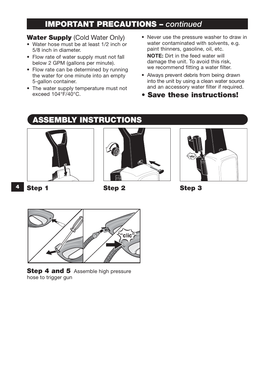 Important precautions – continued, Assembly instructions, Save these instructions | Karcher K 3.97M User Manual | Page 4 / 12