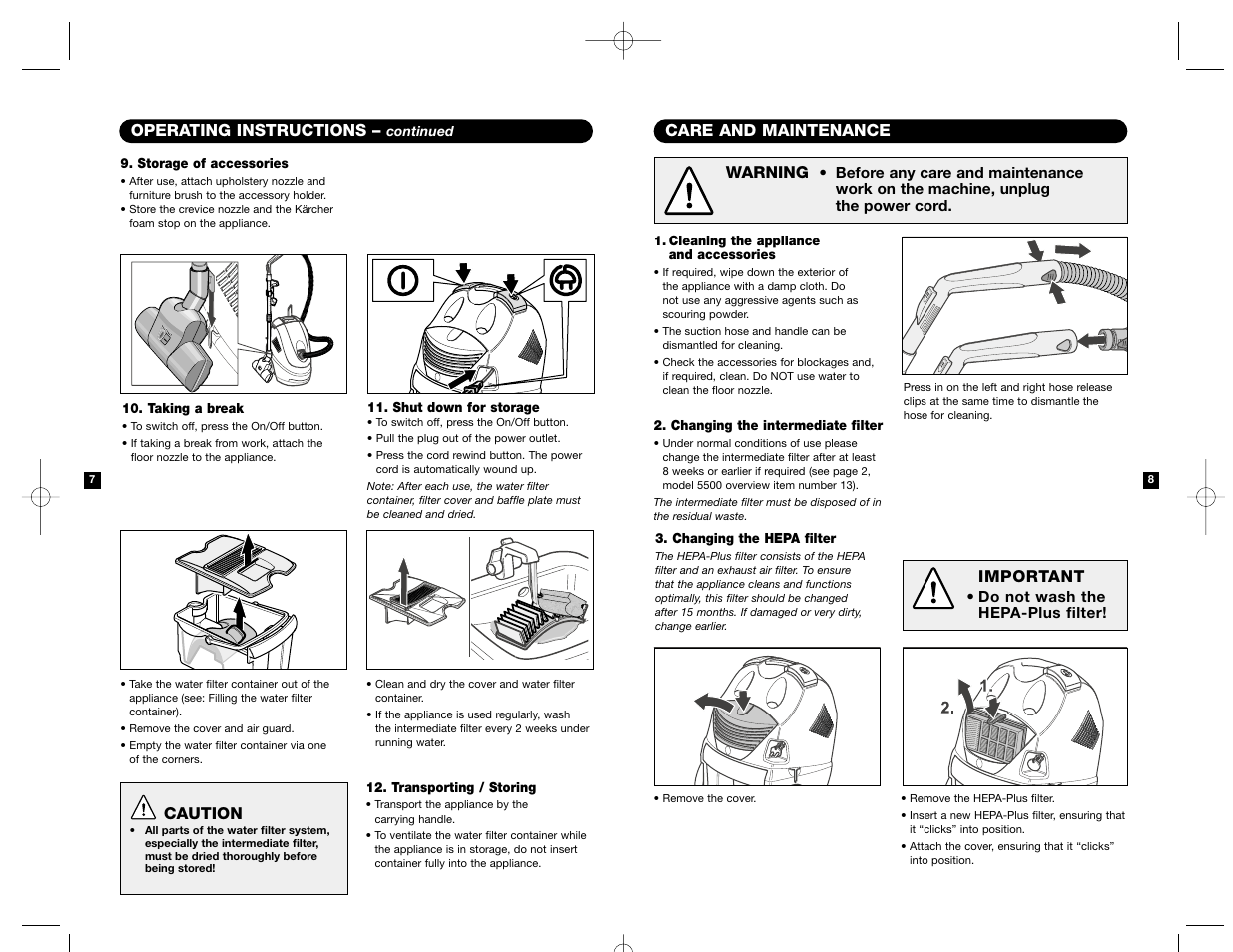 Care and maintenance, Operating instructions | Karcher K 5500 User Manual | Page 5 / 7