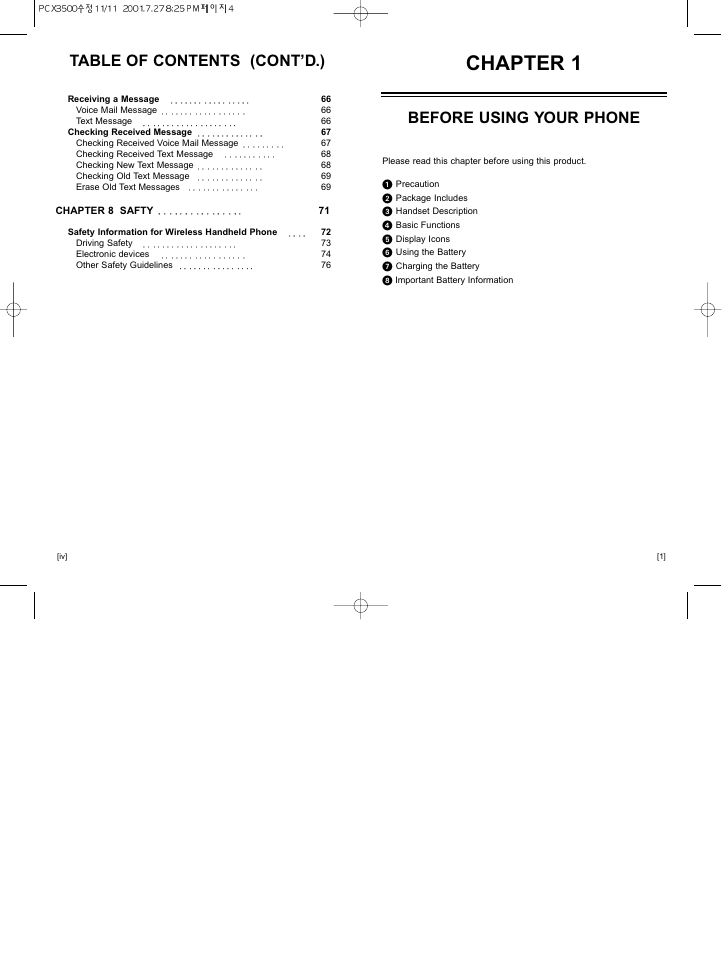 Chapter 1, Before using your phone, Table of contents (cont’d.) | Hyundai HGP-230 User Manual | Page 4 / 42