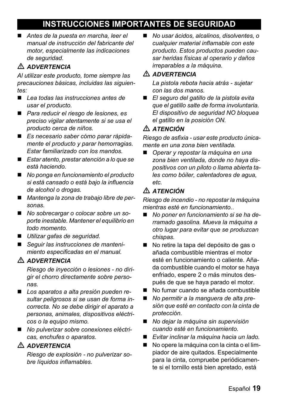 Instrucciones importantes de seguridad | Karcher G 2000 MK User Manual | Page 19 / 47