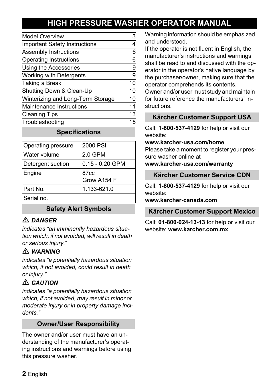 High pressure washer operator manual | Karcher G 2000 MK User Manual | Page 2 / 47