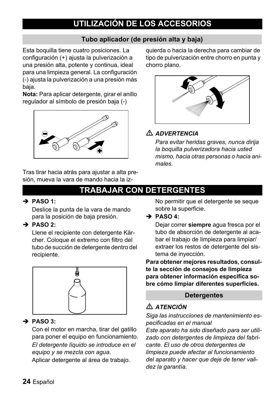 Utilización de los accesorios, Trabajar con detergentes | Karcher G 2000 MK User Manual | Page 24 / 47