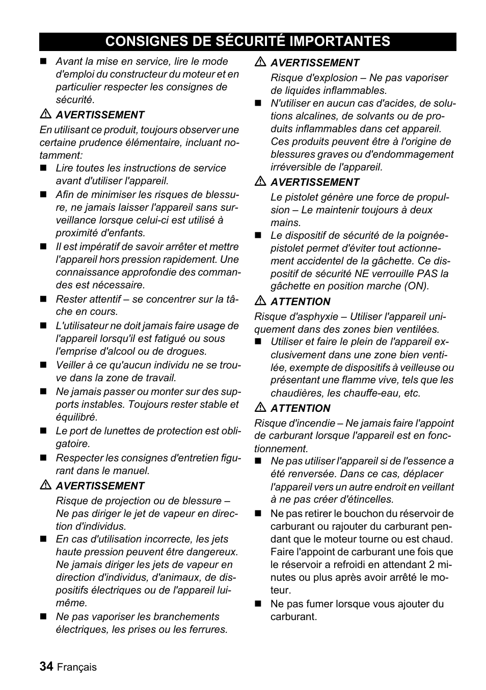 Consignes de sécurité importantes | Karcher G 2000 MK User Manual | Page 34 / 47