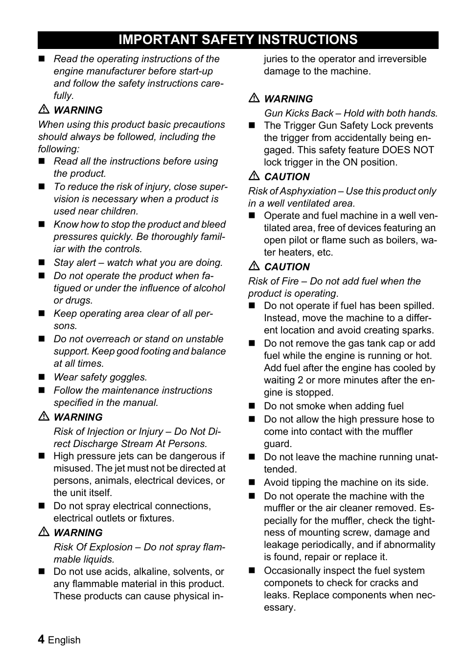 Important safety instructions | Karcher G 2000 MK User Manual | Page 4 / 47