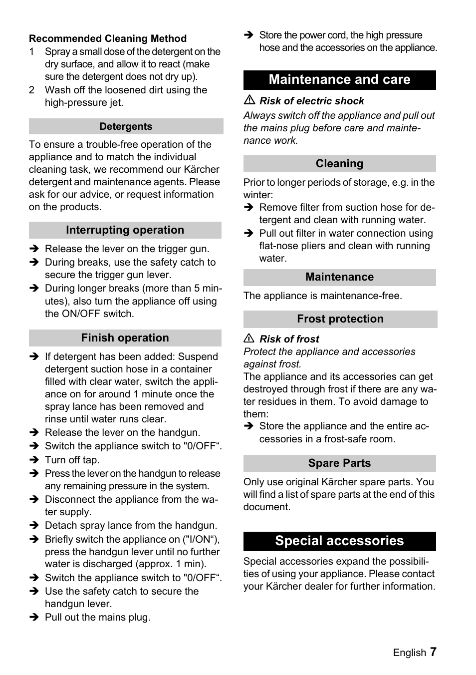 Maintenance and care, Special accessories | Karcher K 2.900M User Manual | Page 7 / 12