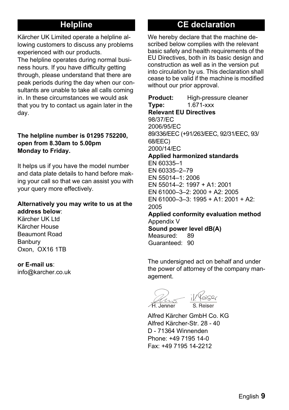 Helpline ce declaration | Karcher K 2.900M User Manual | Page 9 / 12