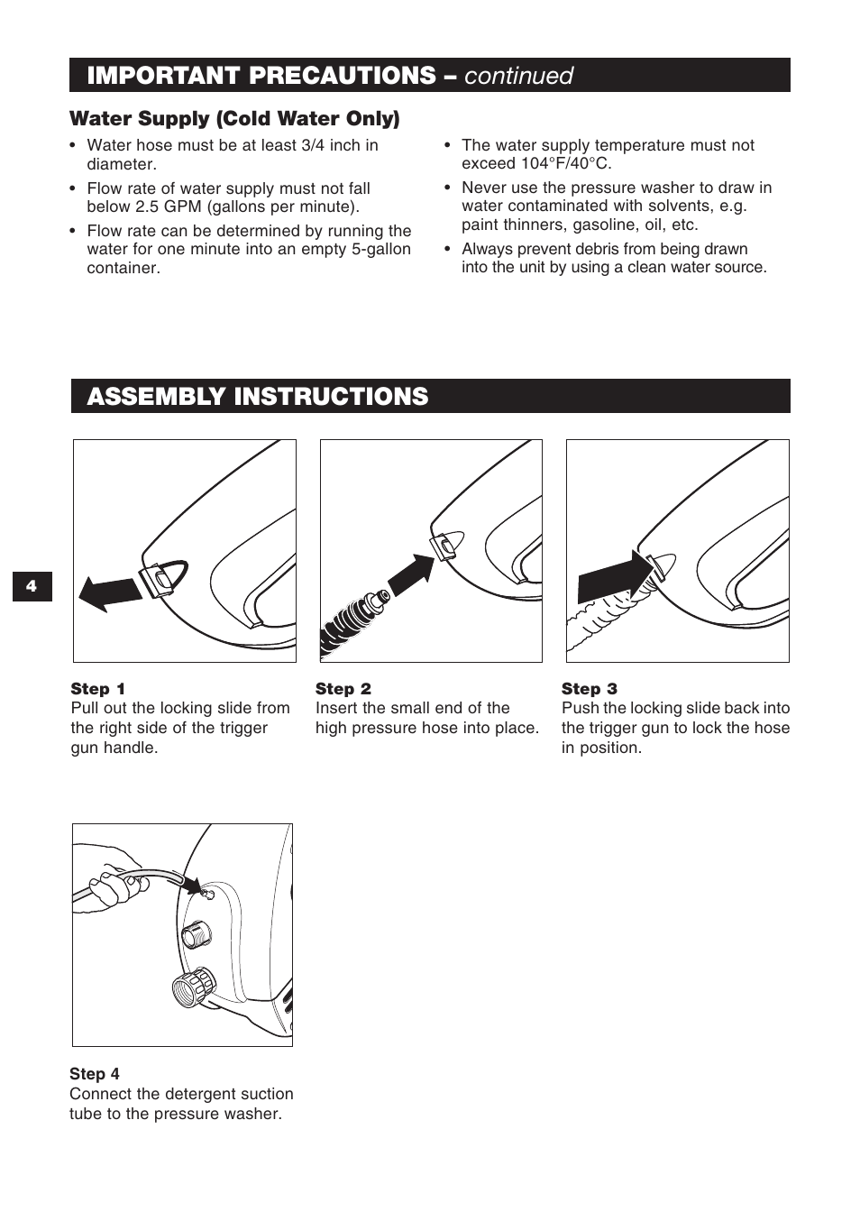 Important precautions – continued, Assembly instructions | Karcher K 2.45 User Manual | Page 4 / 12