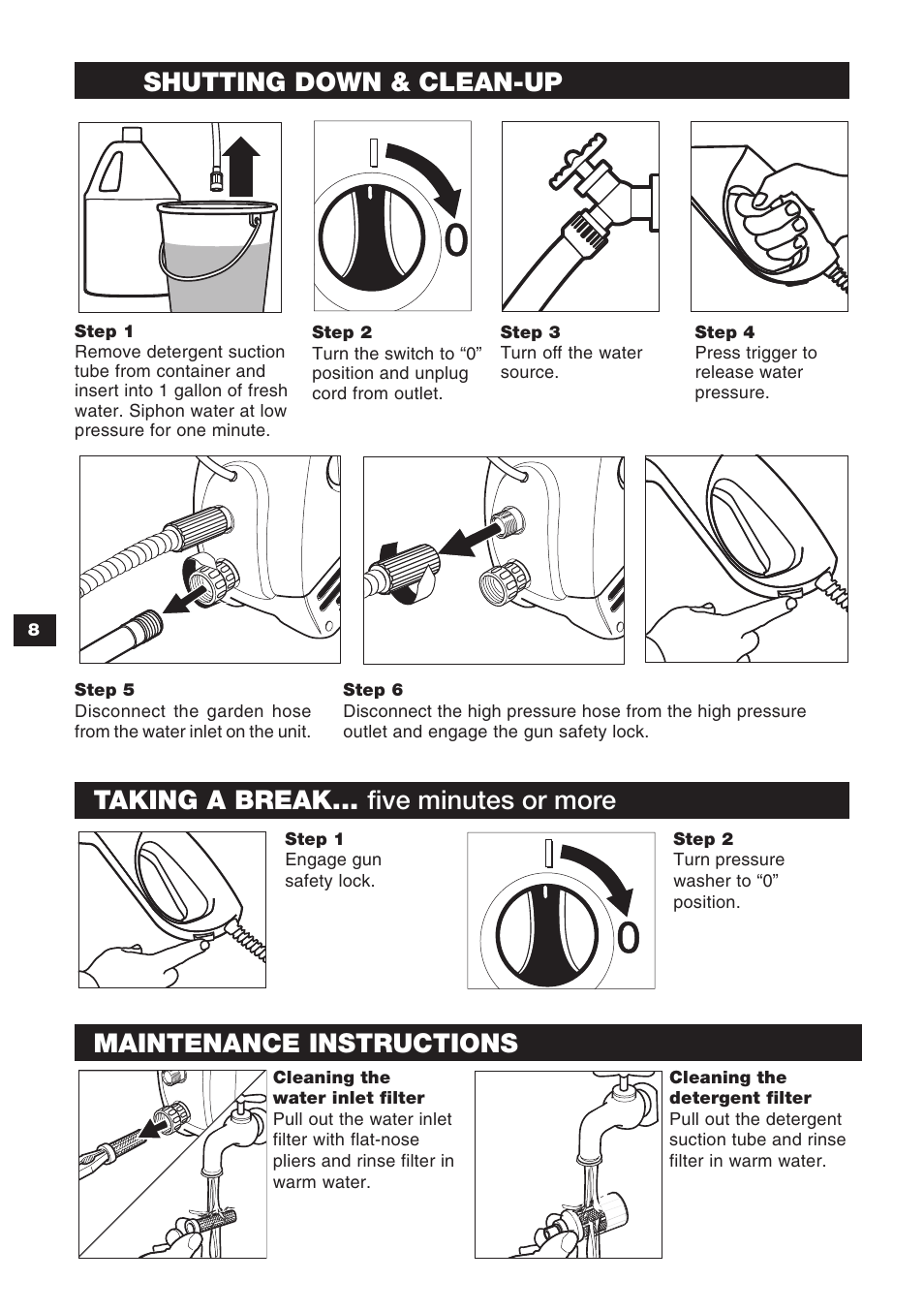 Shutting down & clean-up, Taking a break... five minutes or more, Maintenance instructions | Karcher K 2.45 User Manual | Page 8 / 12