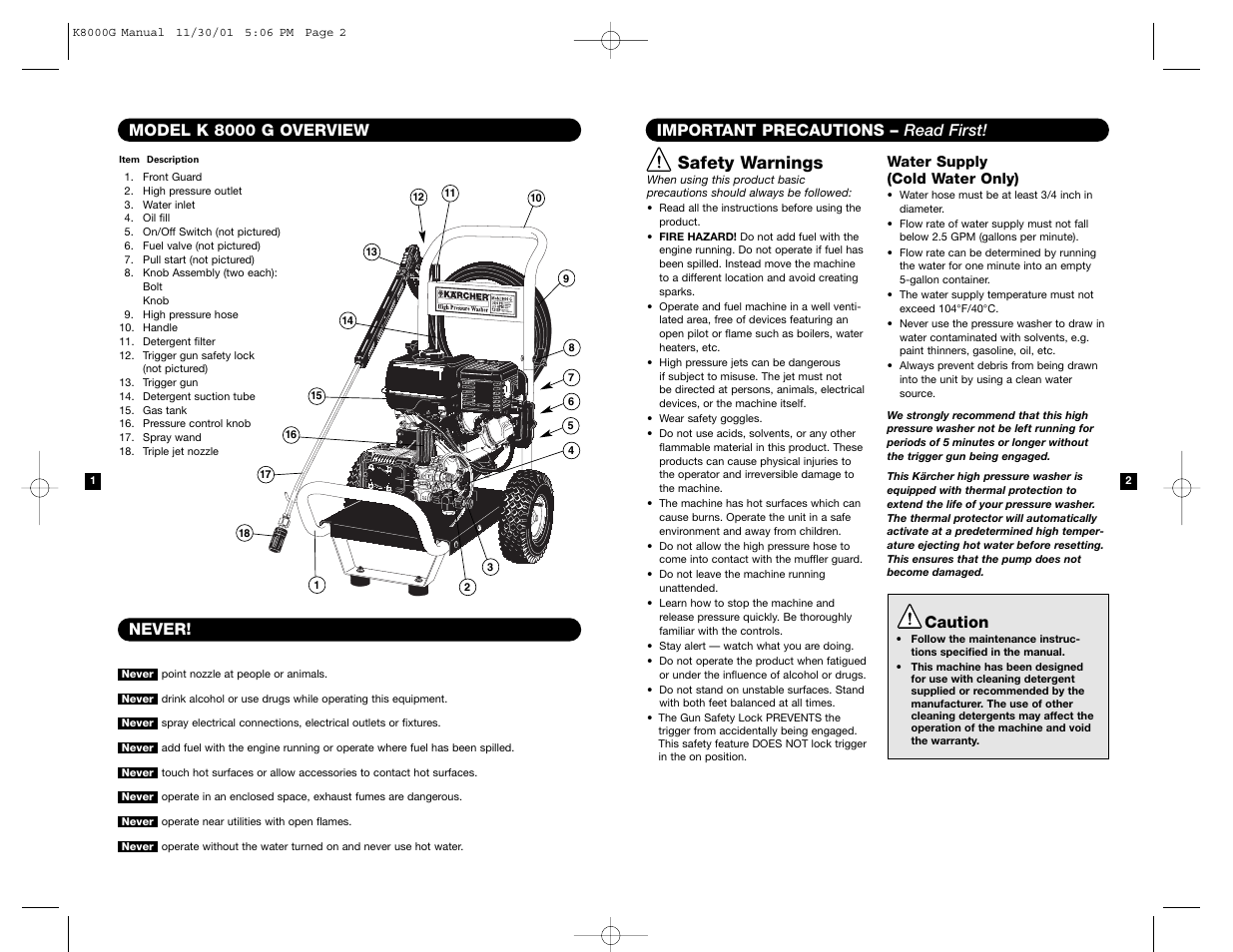 Safety warnings, Important precautions – read first, Caution | Never! model k 8000 g overview | Karcher K 8000 G User Manual | Page 2 / 7