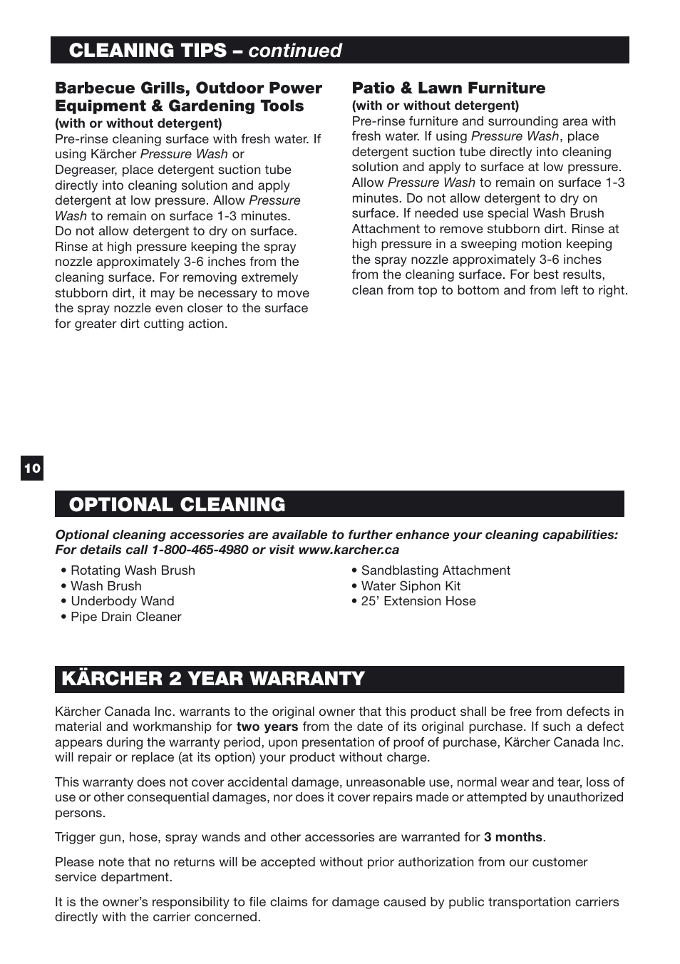 Cleaning tips – continued, Kärcher 2 year warranty, Optional cleaning | Karcher K 6.55 M User Manual | Page 10 / 12