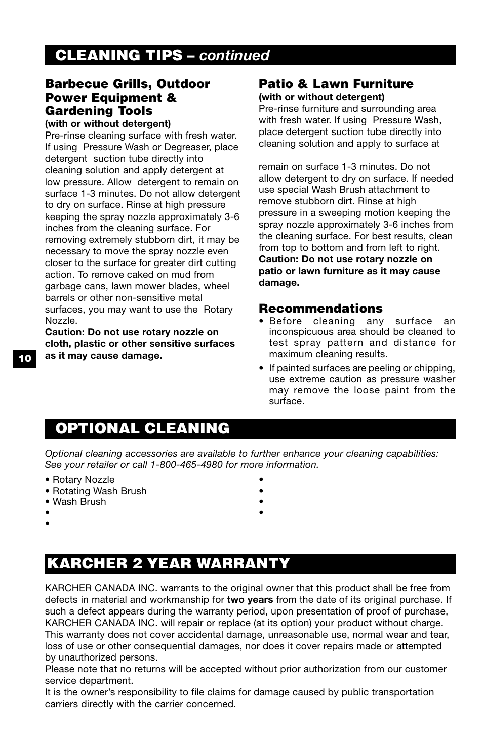 Cleaning tips – continued, Optional cleaning, Karcher 2 year warranty | Karcher K 320 M User Manual | Page 10 / 12