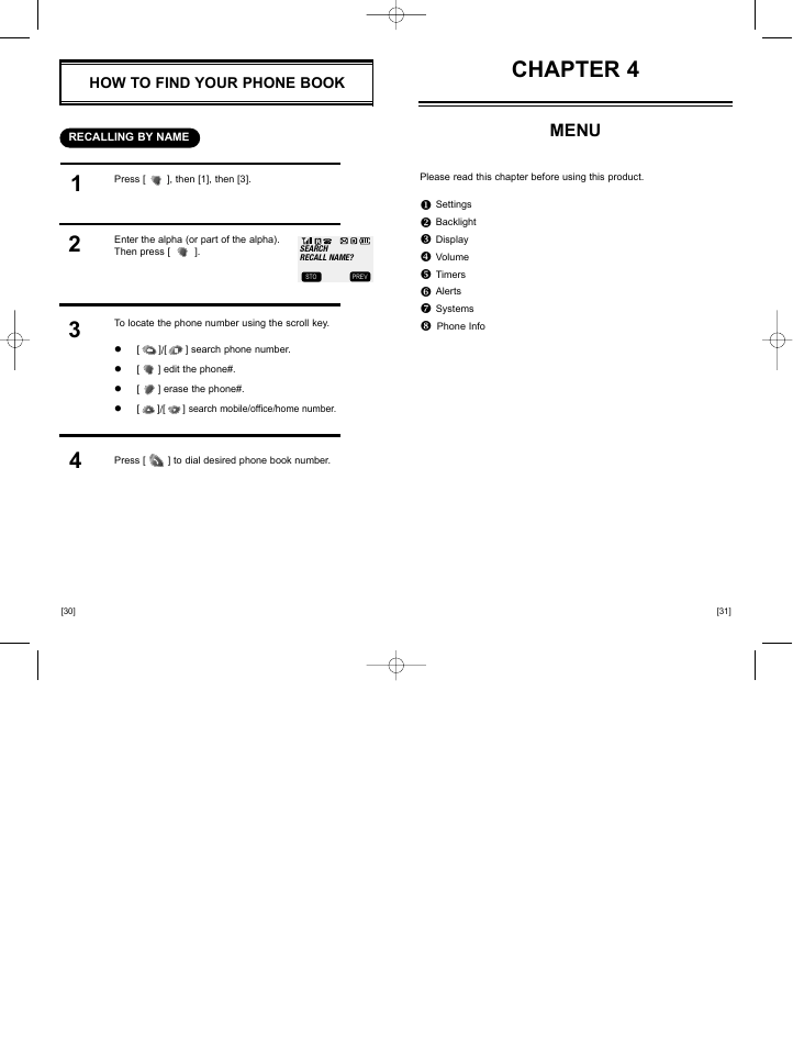 Chapter 4, Menu, How to find your phone book | Hyundai HGC-300 User Manual | Page 19 / 48