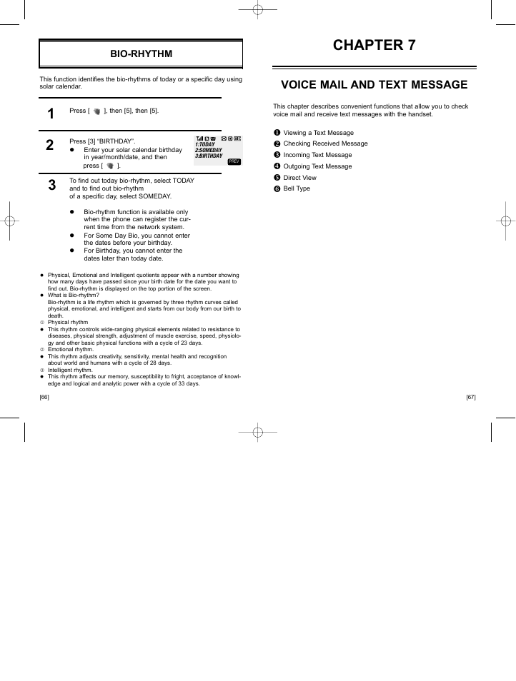 Chapter 7, Voice mail and text message, Bio-rhythm | Hyundai HGC-300 User Manual | Page 37 / 48