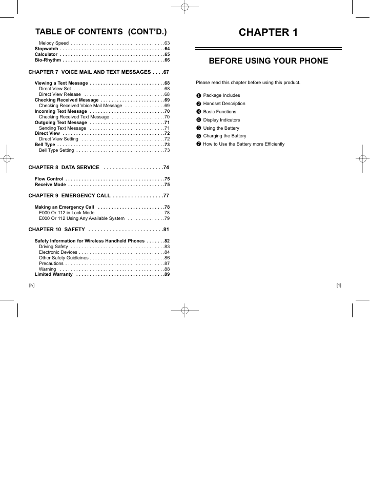 Chapter 1, Before using your phone, Table of contents (cont’d.) | Hyundai HGC-300 User Manual | Page 4 / 48