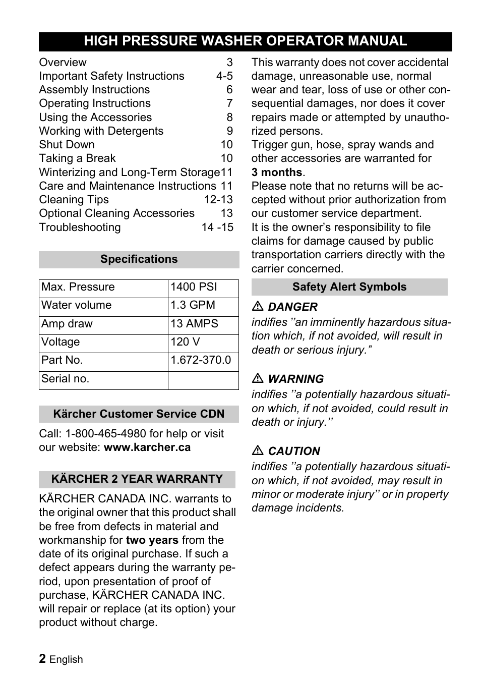 High pressure washer operator manual | Karcher K 2.01 User Manual | Page 2 / 15