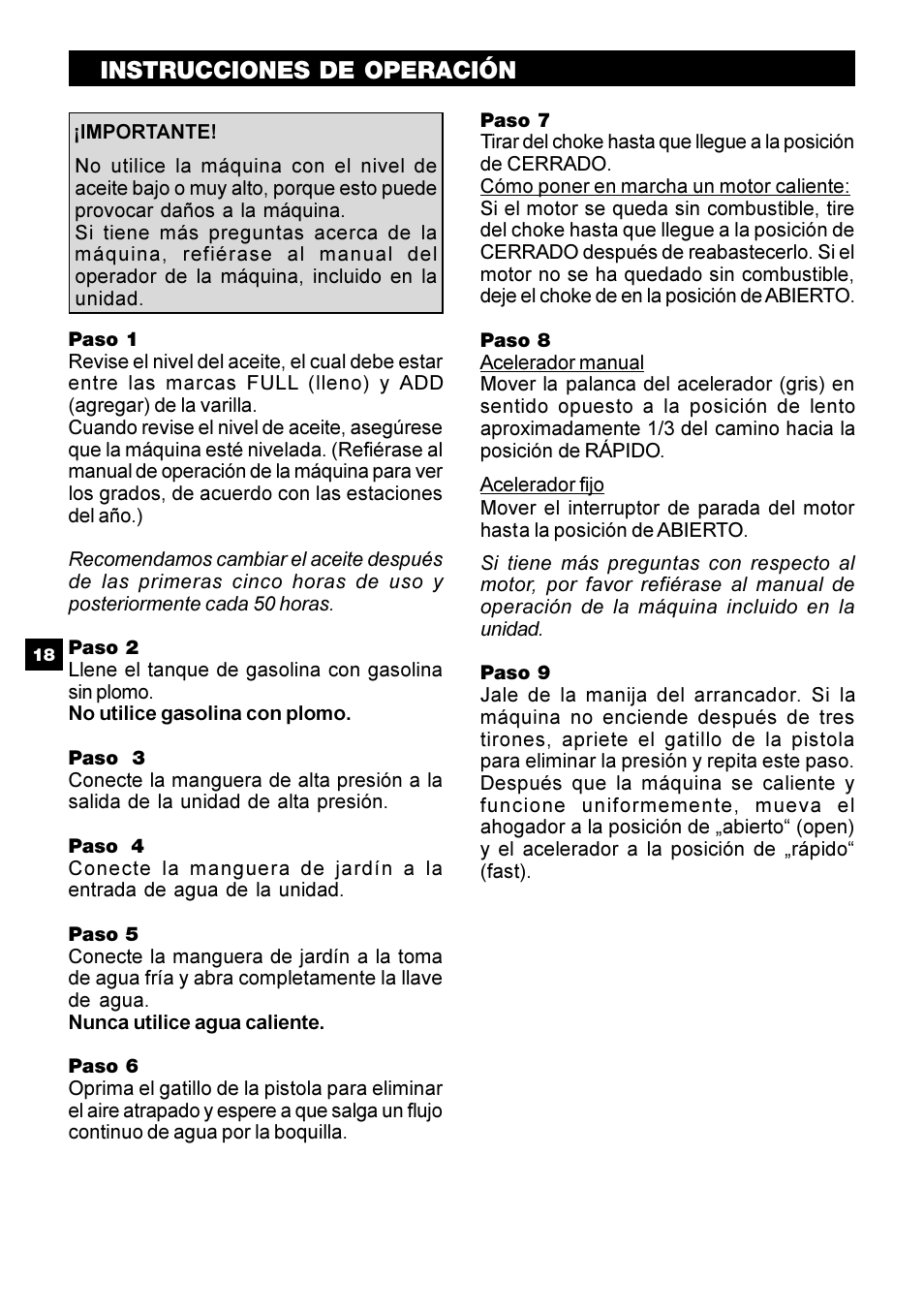 Instrucciones de operación | Karcher G 2650 HH User Manual | Page 18 / 40