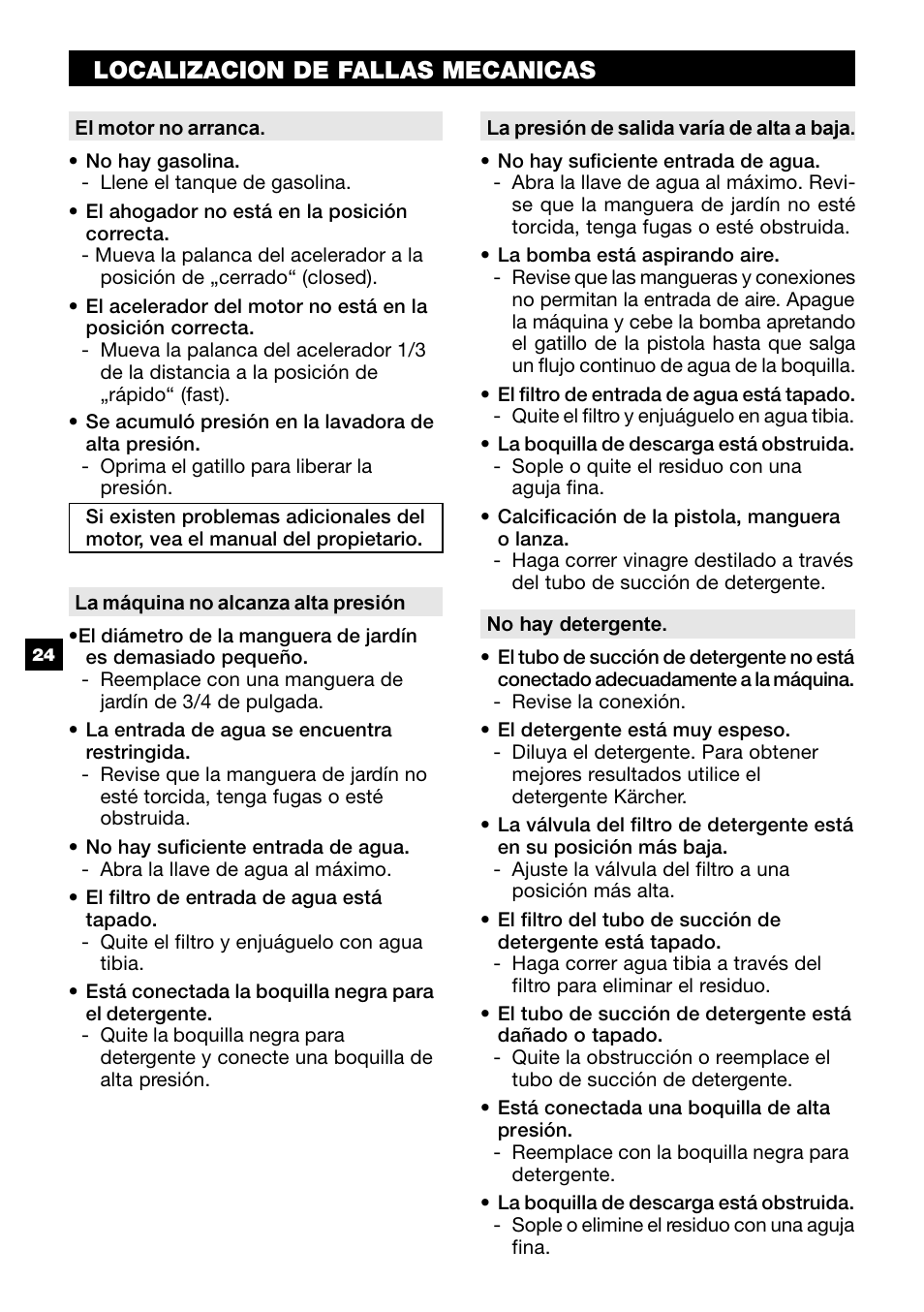Localizacion de fallas mecanicas | Karcher G 2650 HH User Manual | Page 24 / 40