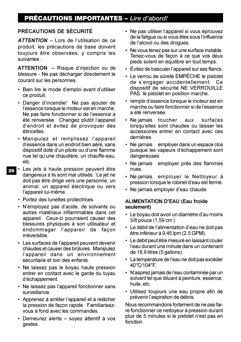 Précautions importantes – lire d’abord | Karcher G 2650 HH User Manual | Page 28 / 40