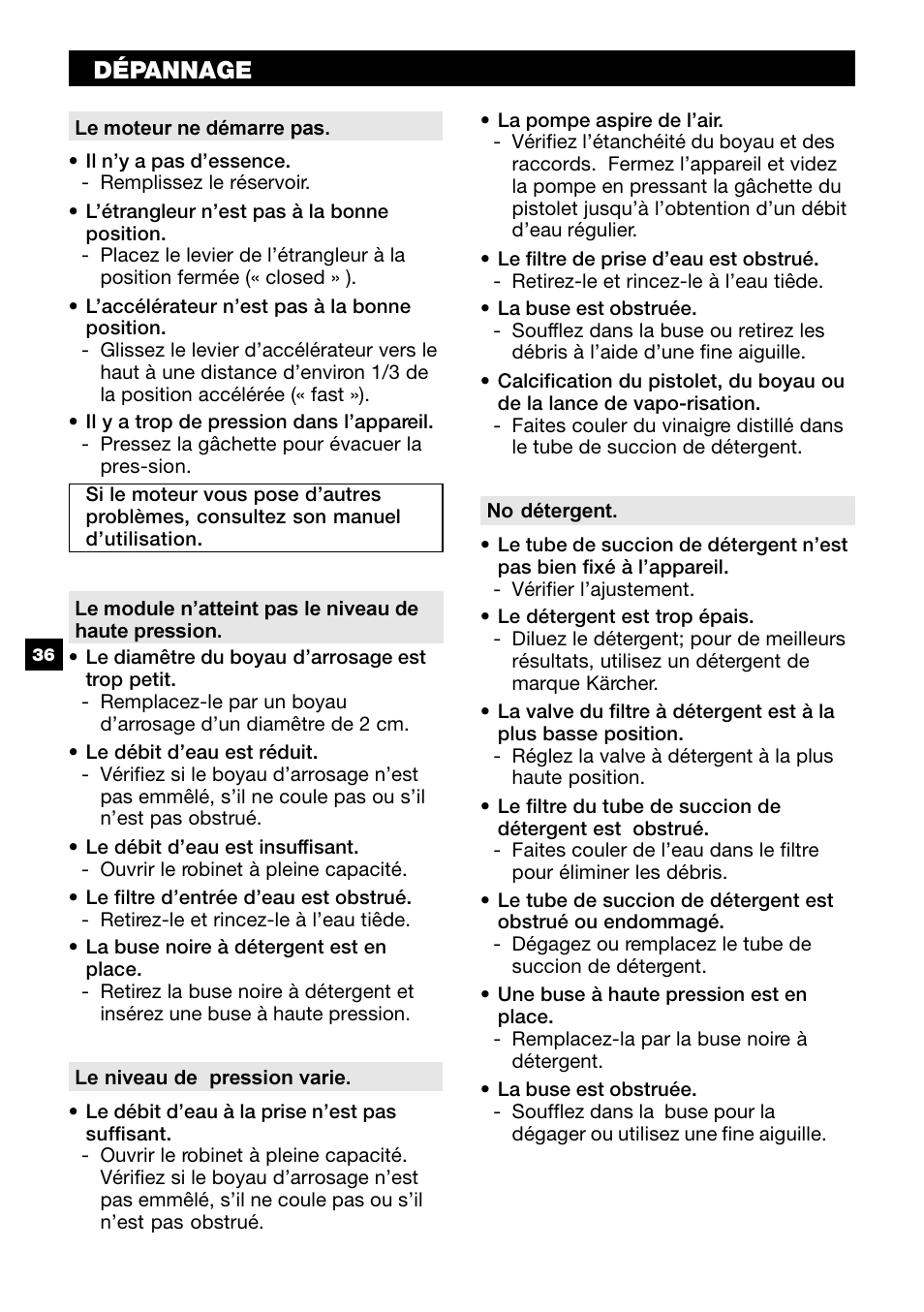 Dépannage troubleshooting | Karcher G 2650 HH User Manual | Page 36 / 40
