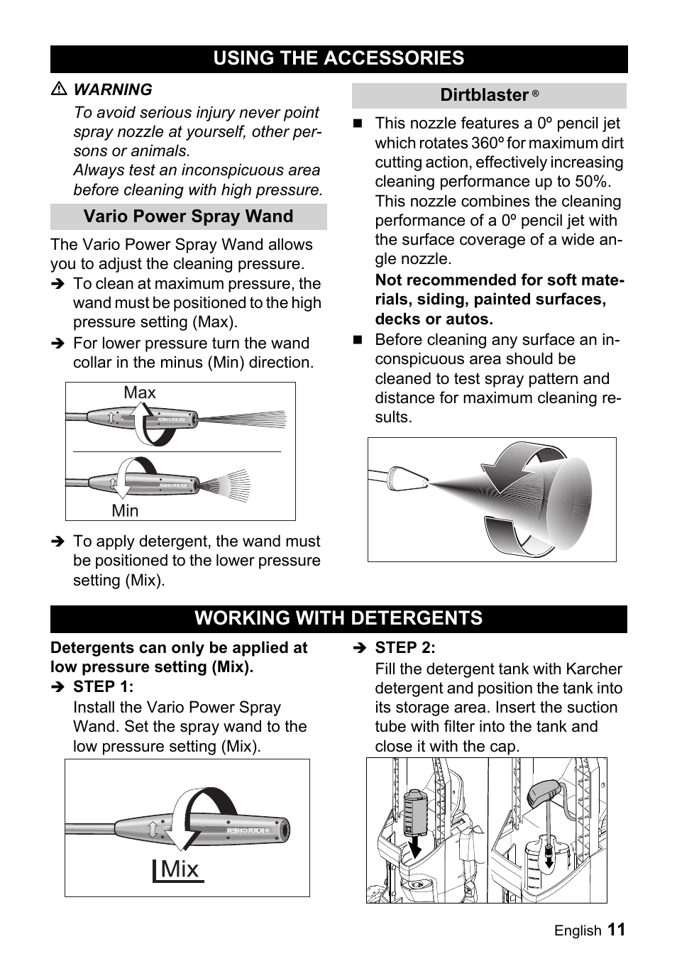 Using the accessories, Working with detergents | Karcher K 3.740 User Manual | Page 11 / 64