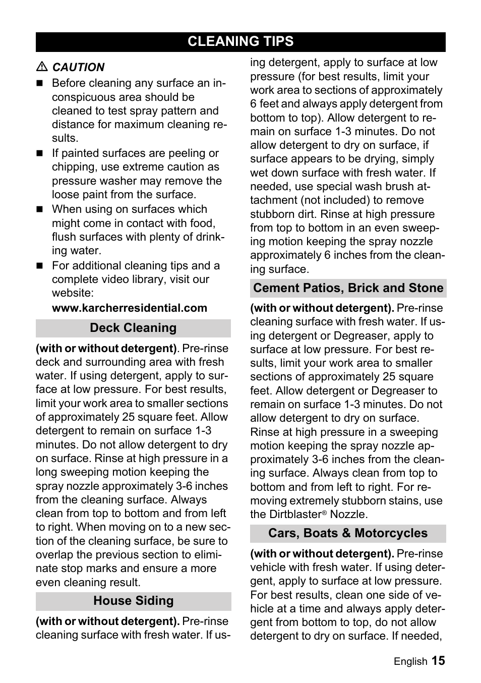 Cleaning tips, M caution, Www.karcherresidential.com | Deck cleaning, House siding, Cement patios, brick and stone, Cars, boats & motorcycles | Karcher K 3.740 User Manual | Page 15 / 64