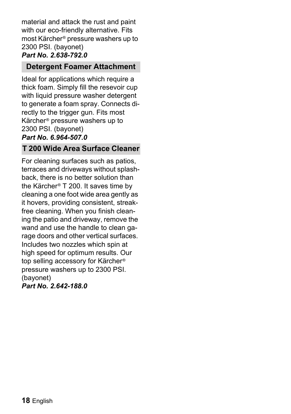 Part no. 2.638-792.0, Detergent foamer attachment, Part no. 6.964-507.0 | T 200 wide area surface cleaner, Part no. 2.642-188.0 | Karcher K 3.740 User Manual | Page 18 / 64