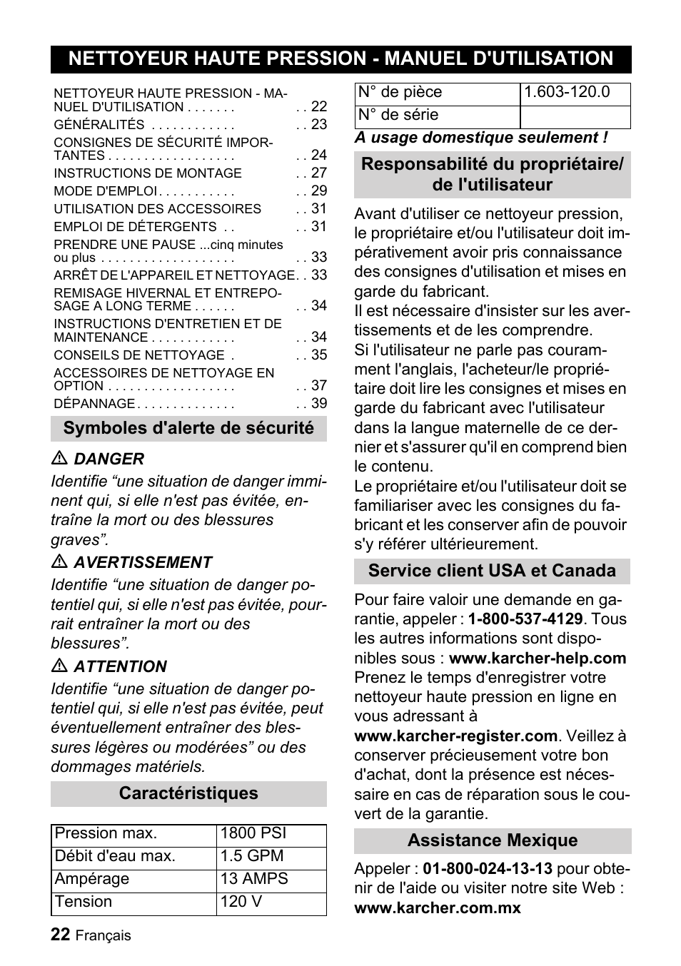Nettoyeur haute pression - manuel d'utilisation, Symboles d'alerte de sécurité, M danger | M avertissement, M attention, Caractéristiques, Pression max, 1800 psi, Débit d'eau max, 5 gpm | Karcher K 3.740 User Manual | Page 22 / 64