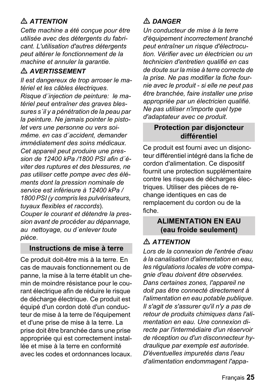 M attention, M avertissement, Instructions de mise à terre | M danger, Protection par disjoncteur différentiel, Alimentation en eau, Eau froide seulement) | Karcher K 3.740 User Manual | Page 25 / 64