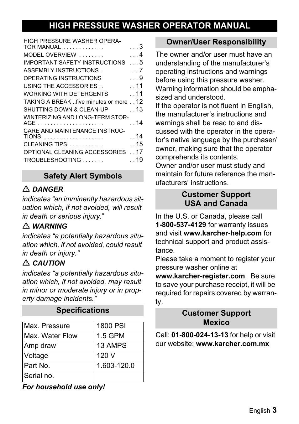 High pressure washer operator manual, Safety alert symbols, M danger | M warning, M caution, Specifications, Max. pressure, 1800 psi, Max. water flow, 5 gpm | Karcher K 3.740 User Manual | Page 3 / 64