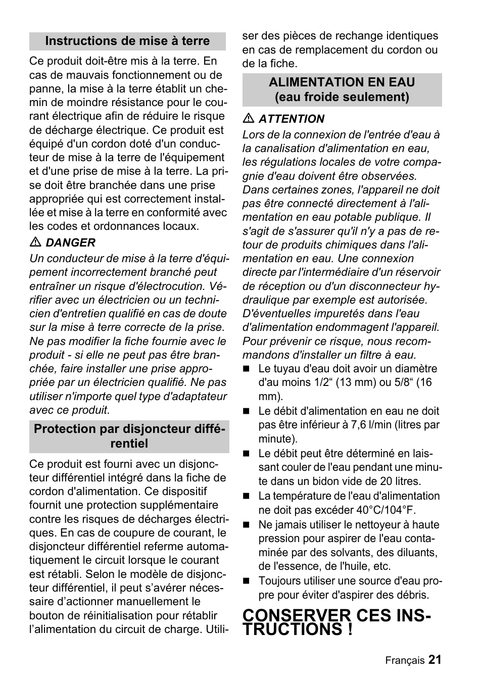 Conserver ces ins- tructions | Karcher K 3.48 M User Manual | Page 21 / 52