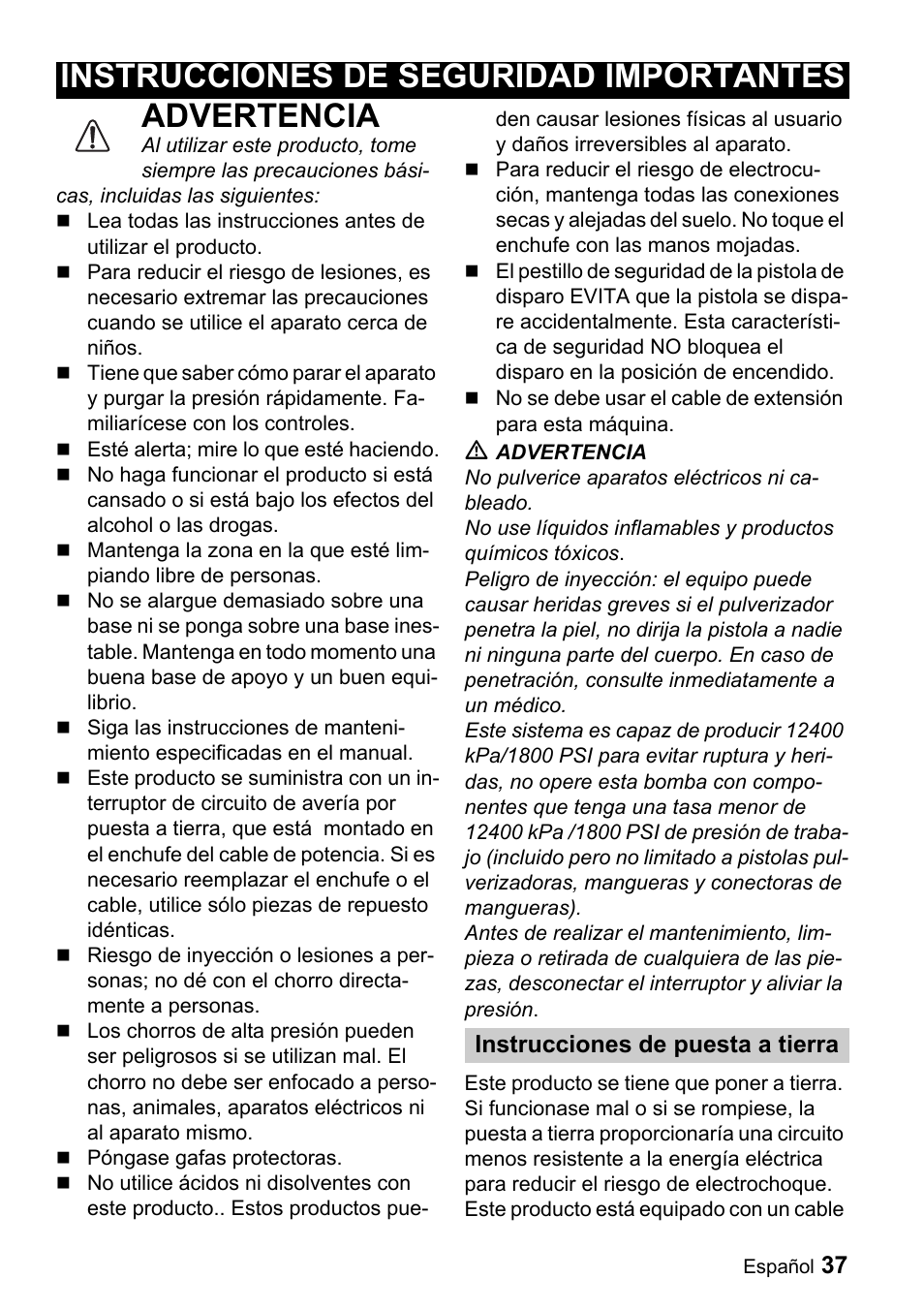 Advertencia, Instrucciones de seguridad importantes | Karcher K 3.48 M User Manual | Page 37 / 52