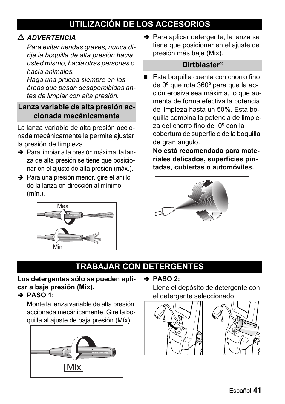 Utilización de los accesorios, Trabajar con detergentes | Karcher K 3.48 M User Manual | Page 41 / 52