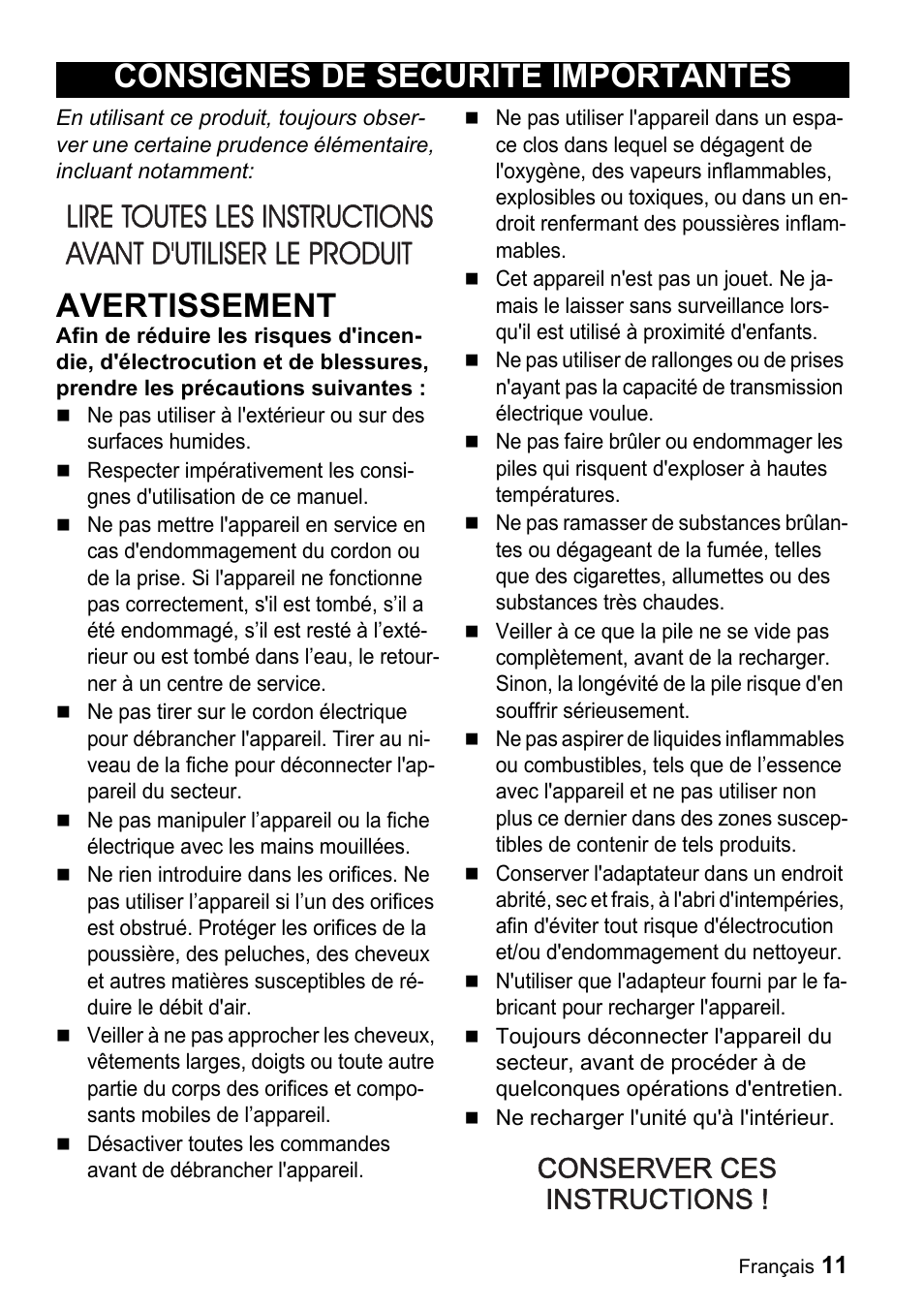 Avertissement, Consignes de securite importantes | Karcher K 55 User Manual | Page 11 / 24