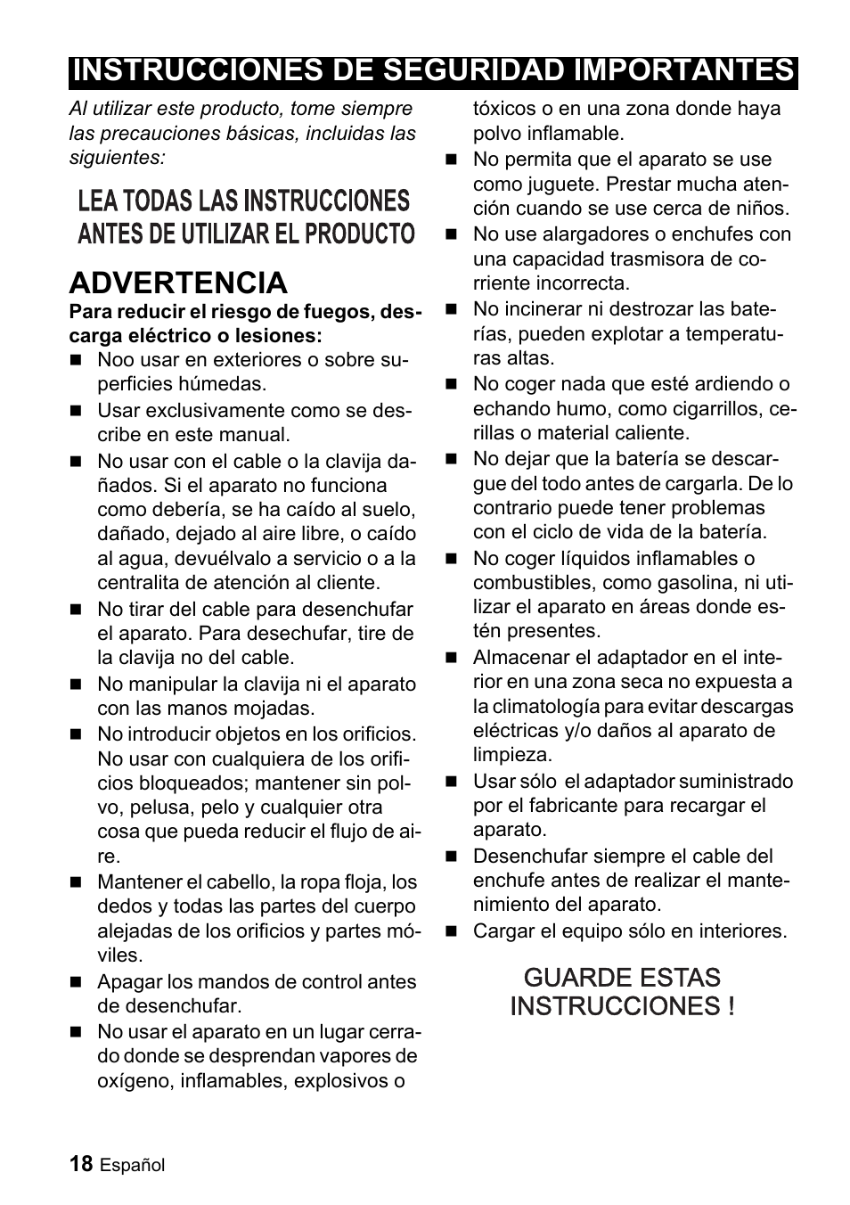 Advertencia, Instrucciones de seguridad importantes | Karcher K 55 User Manual | Page 18 / 24